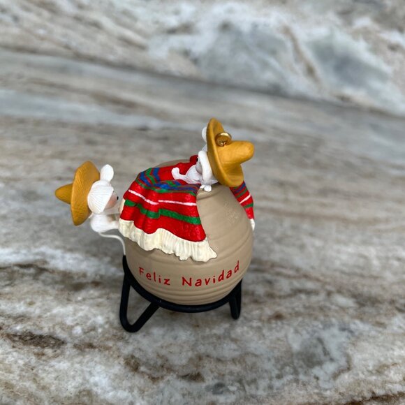 Hallmark Feliz Navidad Mouse-Themed Ornament 1996 With Pot & Stand Sombreros - Picture 3 of 8